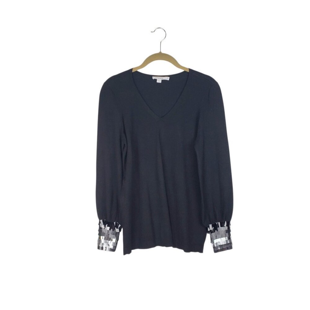 Chicos Sequin Cuff Pullover Sweater V-Neck Black Holiday Sparkle Size 0 US Small